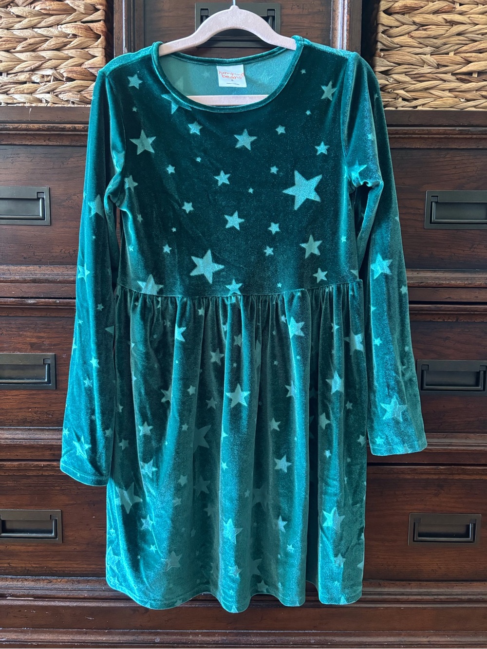 Jumping Beans Star-Print Teal Velvet Long Sleeve Girls' Dress in size 8